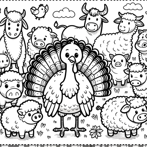 Turkey with Forest Friends Coloring Page