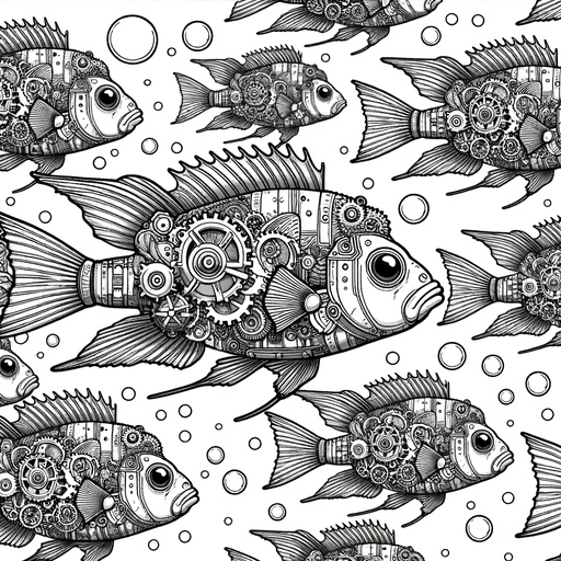 Steampunk Shoal of Cichlids Coloring Page