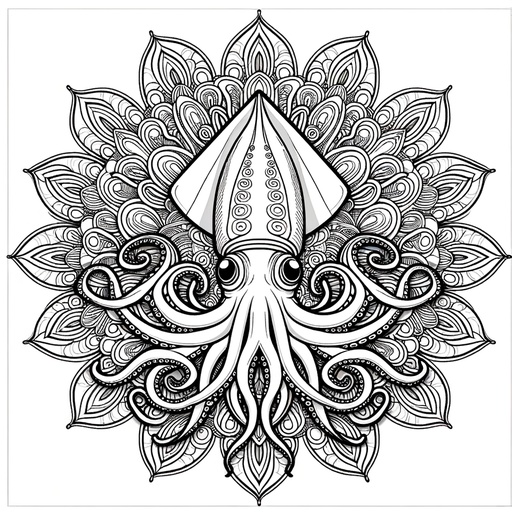 Mandala Giant Squid Coloring Page