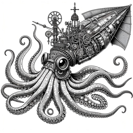 Steampunk Giant Squid Coloring Page