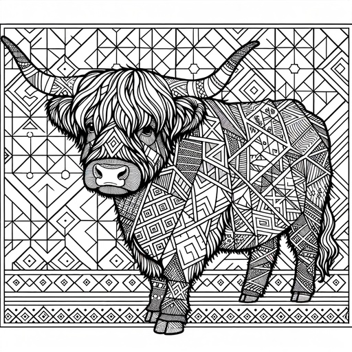 Geometric Highland Cattle Coloring Page