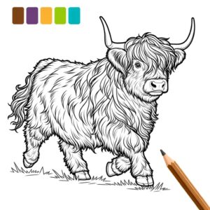 Action Pose Highland Cattle Coloring Page- 4 Free Printable Pages