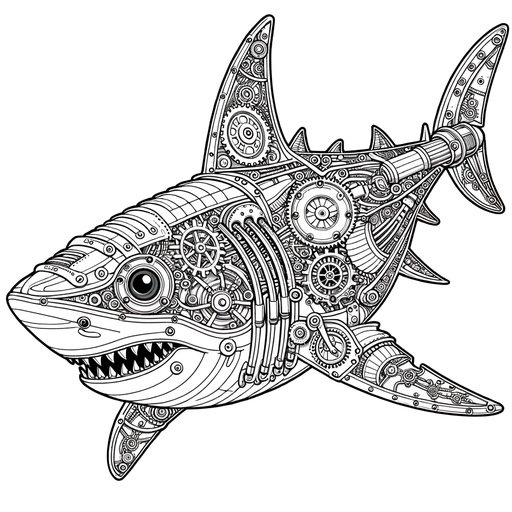 Steampunk Great White Shark Coloring Page