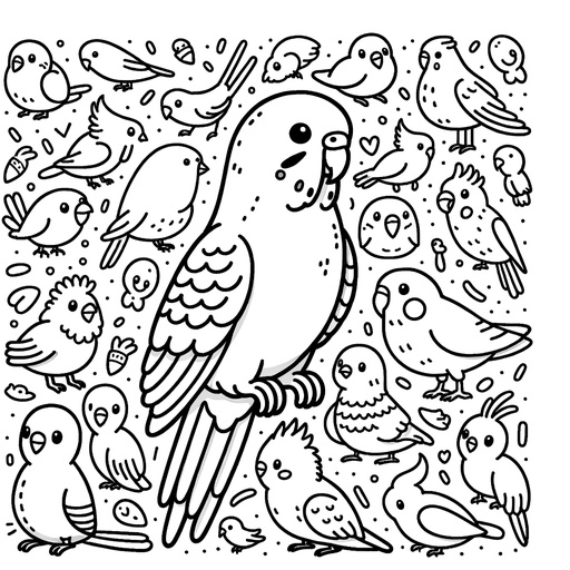 Parakeet with Bird Friends Coloring Page