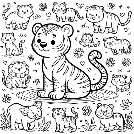 Tiger with Jungle Friends Coloring Page