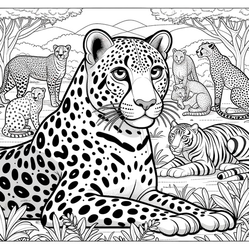 Leopard with Jungle Friends Coloring Page