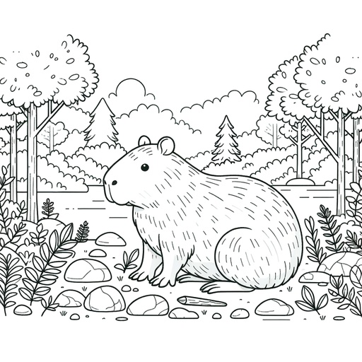 Capybara in Nature Coloring Page- 4 Free Printable Pages