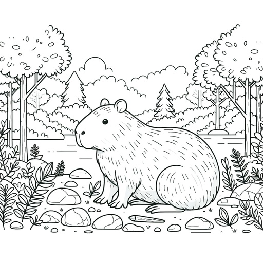 Capybara in Nature Coloring Page