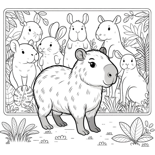 Capybara with Friends Coloring Page