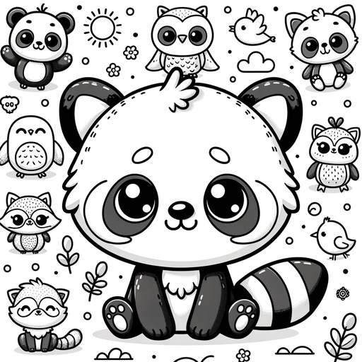 Red Panda with Forest Friends Coloring Page