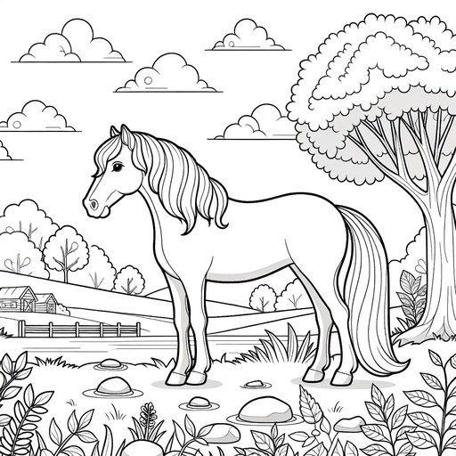 Horse in Nature Coloring Page- 4 Free Printable Pages