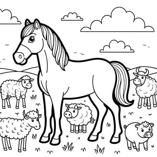 Horse with Farm Friends Coloring Page