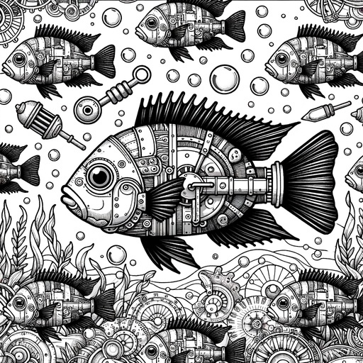 Steampunk Shoal of Cichlids Coloring Page