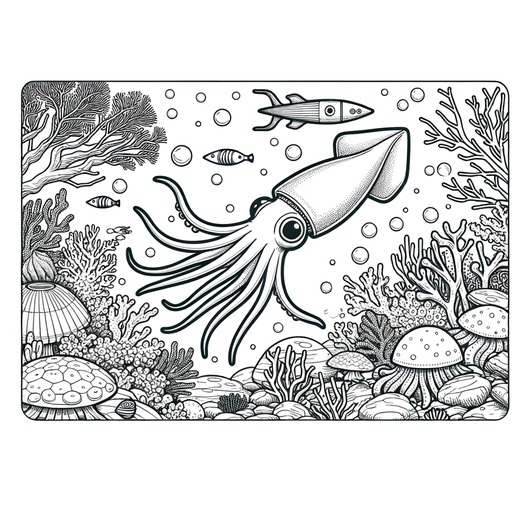 Underwater Giant Squid Coloring Page