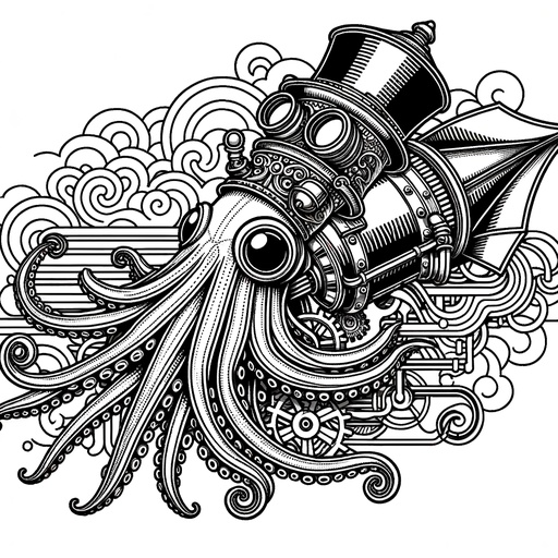 Steampunk Giant Squid Coloring Page