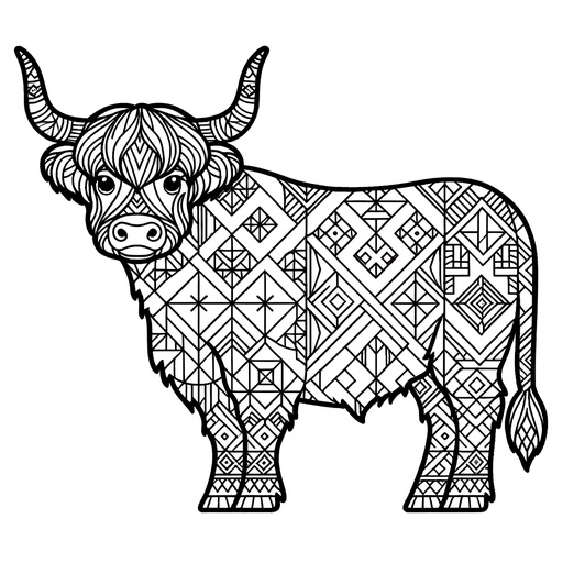 Geometric Highland Cattle Coloring Page