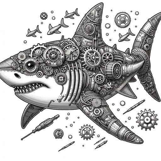 Steampunk Great White Shark Coloring Page