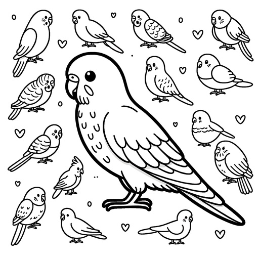 Parakeet with Bird Friends Coloring Page