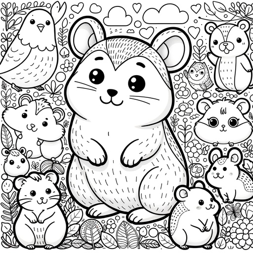 Hamster with Pet Friends Coloring Page