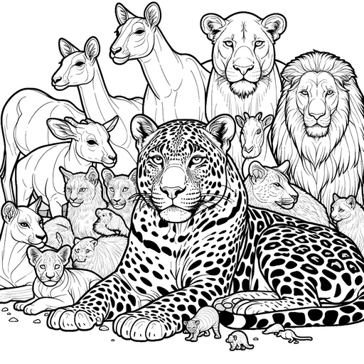 Leopard with Jungle Friends Coloring Page