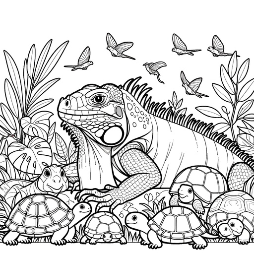 Iguana with Jungle Friends Coloring Page