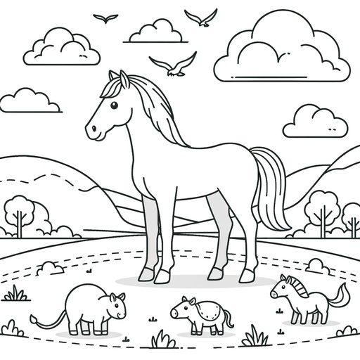 Horse with Farm Friends Coloring Page