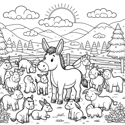 Donkey with Farm Friends Coloring Page