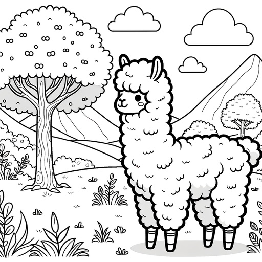 Alpaca in Nature Coloring Page
