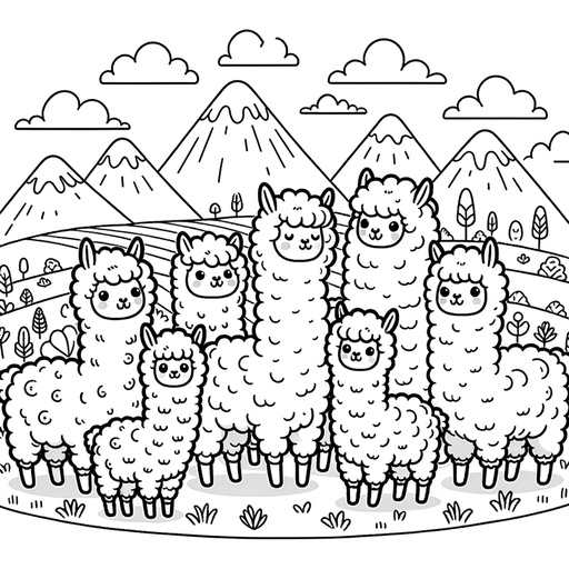 Alpaca with Mountain Friends Coloring Page