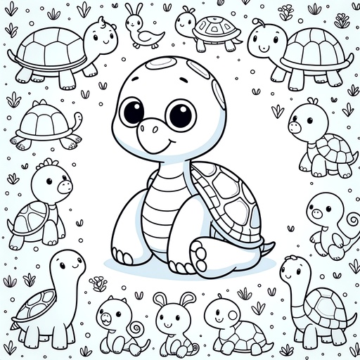 Turtle with Aquatic Friends Coloring Page