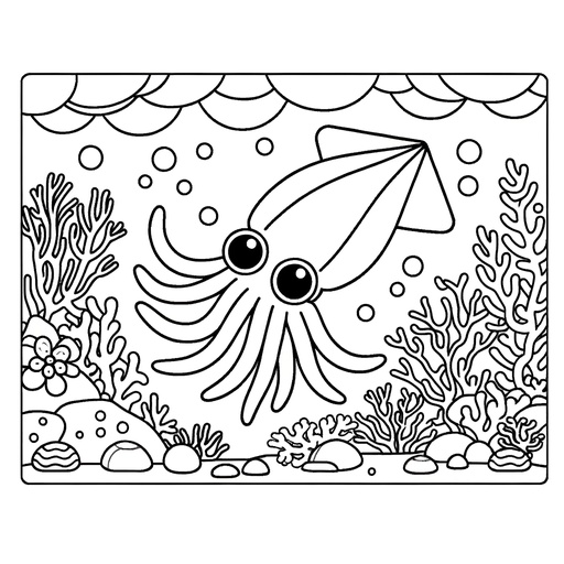 Underwater Giant Squid Coloring Page