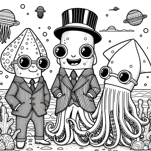 Giant Squid in Suits Coloring Page