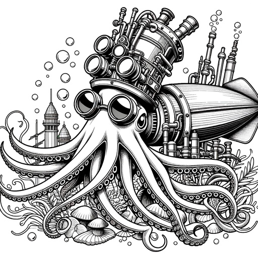 Steampunk Giant Squid Coloring Page