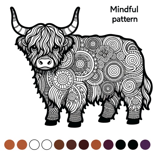 Mindful Highland Cattle Coloring Page