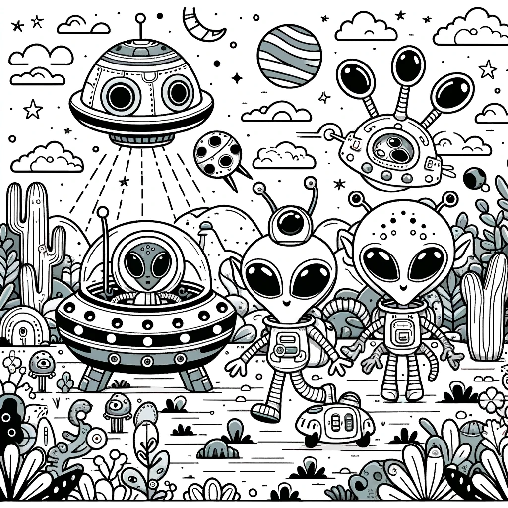A coloring page for children featuring a playful scene with aliens.