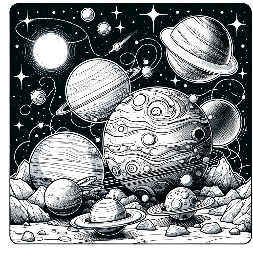 A coloring page for children featuring a scene with various planets.