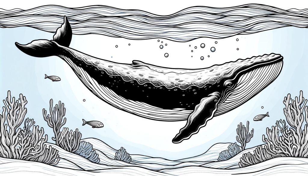 A coloring page featuring whales swimming under the sea, in a 3_2 ratio.