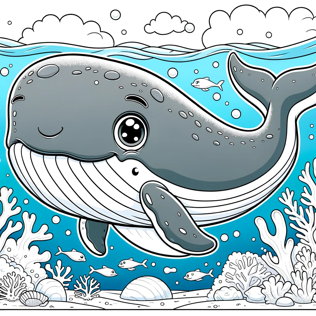 A simple, cartoon-style illustration of a humpback whale in an underwater scene, suitable for a children's coloring page.