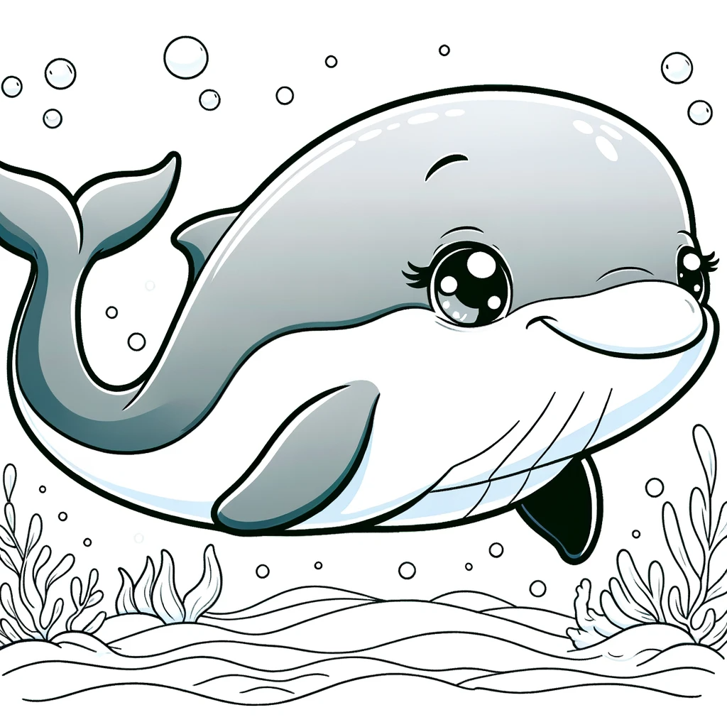 A simple, cartoon-style illustration of a pilot whale, designed for a children's coloring page.