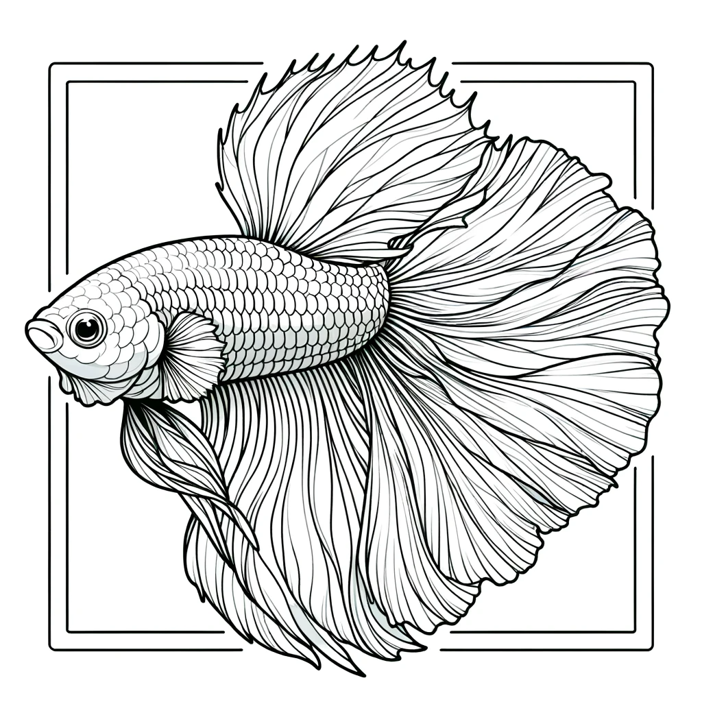 A simple line drawing coloring page for children, featuring a Siamese fighting fish (Betta fish).
