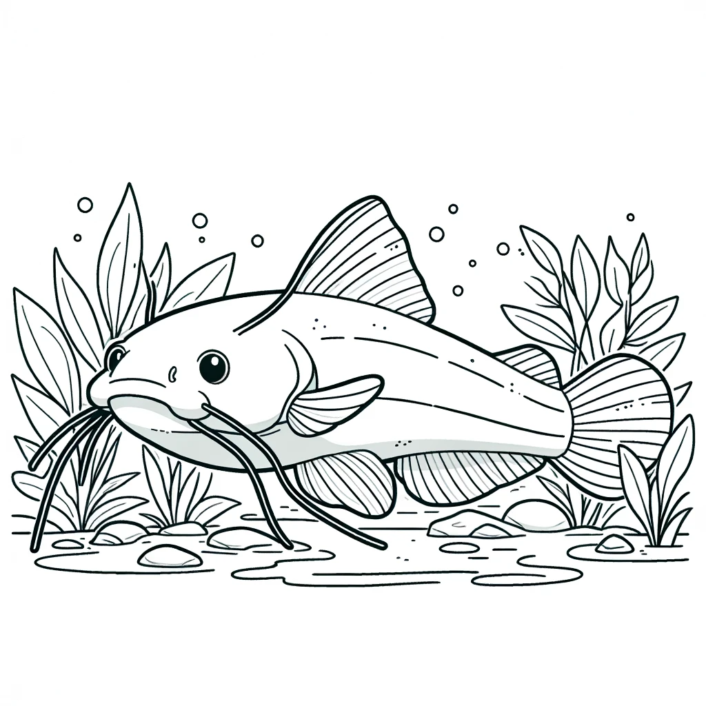 A simple line drawing coloring page for children, featuring a catfish.