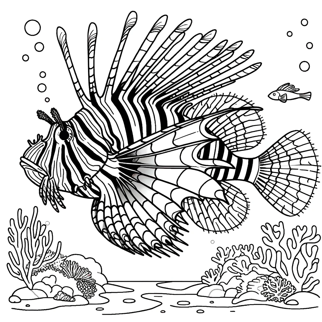 A simple line drawing coloring page for children, featuring a lionfish.