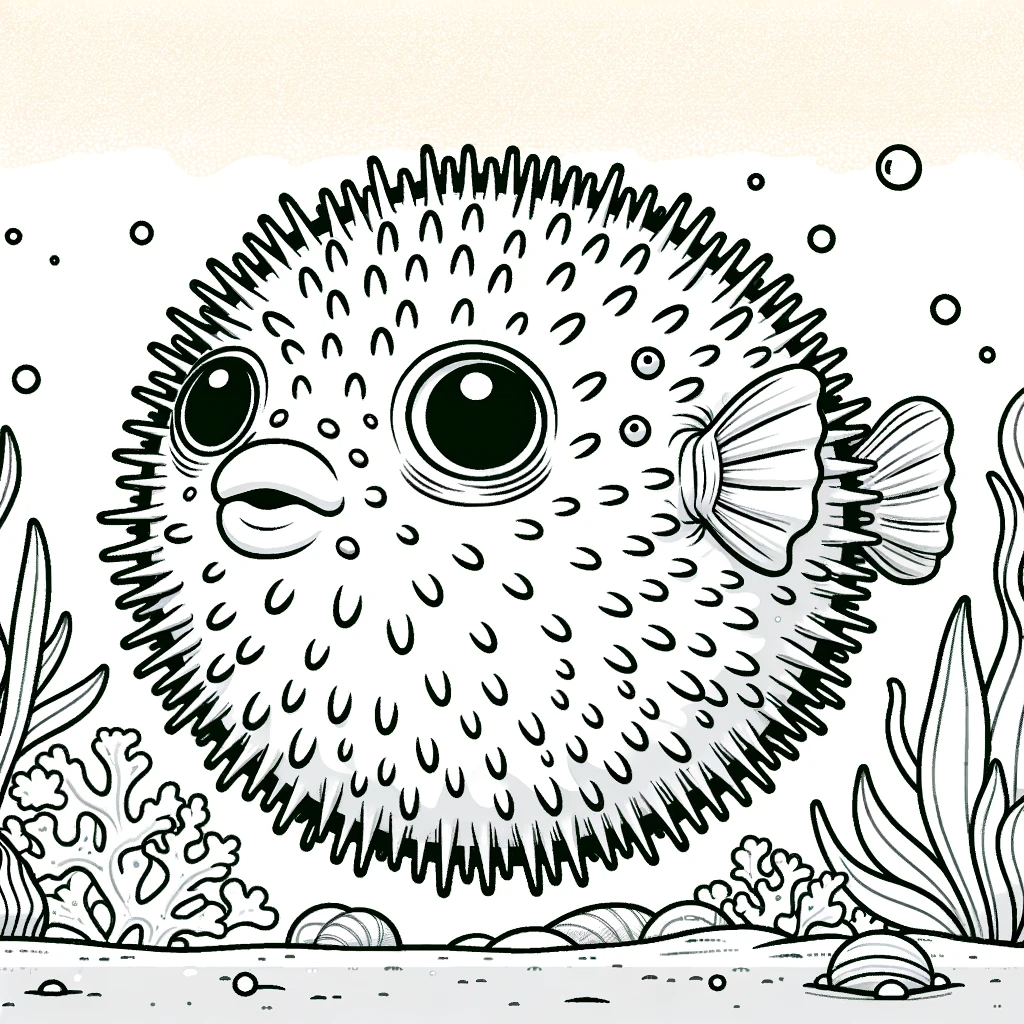 A simple line drawing coloring page for children, featuring a puffer fish.