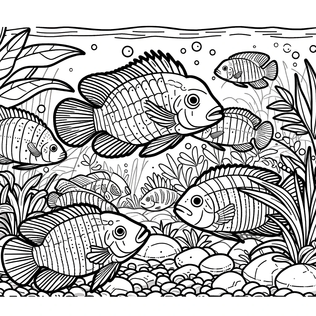 A simple line drawing coloring page for children, featuring a scene with cichlids.