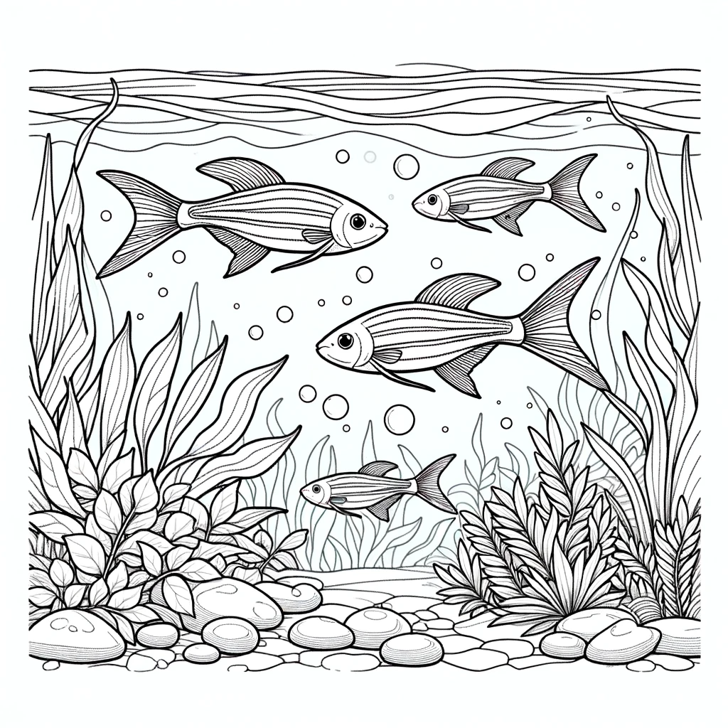 A simple line drawing coloring page for children, featuring a scene with neon tetras.