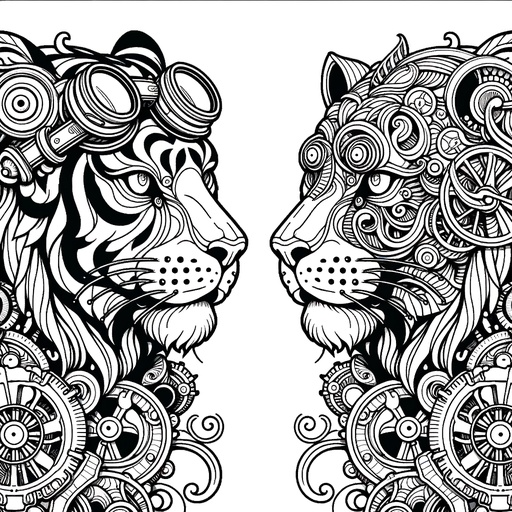 Children&#8217;s Steampunk Chimeras with Tiger Head Coloring Page