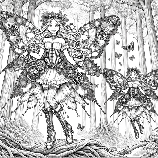 Children&#8217;s Steampunk Fairies in Magical Forests Coloring Page