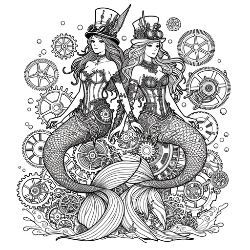 Children&#8217;s Steampunk Mermaids Coloring Page