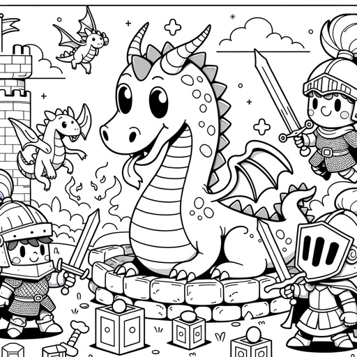 Children&#8217;s Cartoon Dragons and Knights Coloring Page