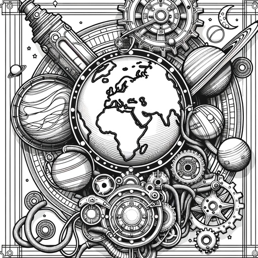 Children&#8217;s Steampunk Planets Coloring Page
